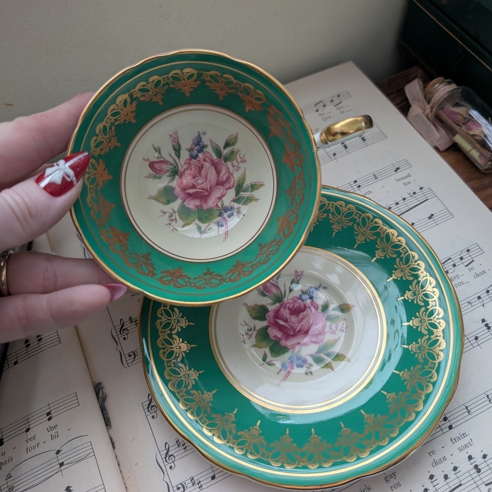 Aynsley Green and Gold Floral Teacup Set